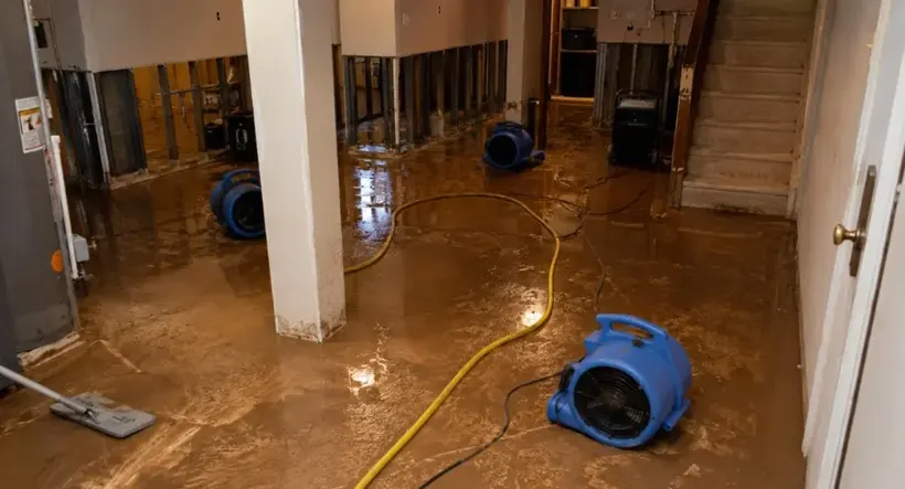 A flooded lower level with drying equipment in Forest Park, GA