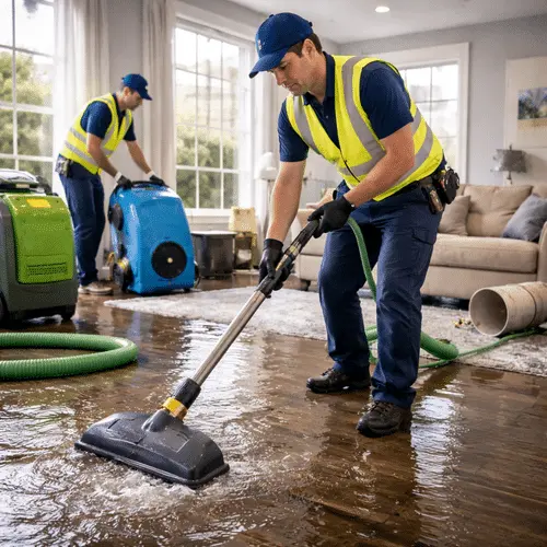 Technicians extracting standing water from a Forest Park, GA floor with a wand
